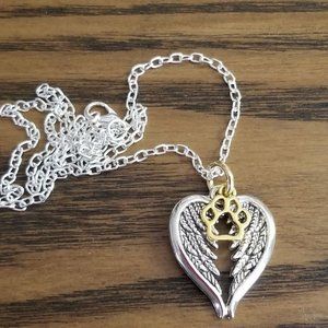 Heart Shaped Angel Wings and Paw Charm Necklace